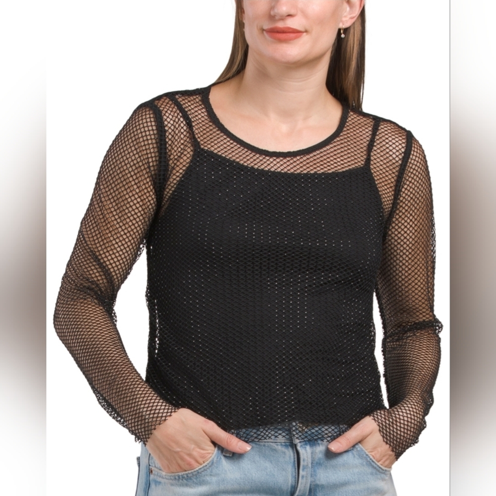 RACHEL ZOE Long Sleeve Fitted Crew Neck Mesh Top With Rhinestone